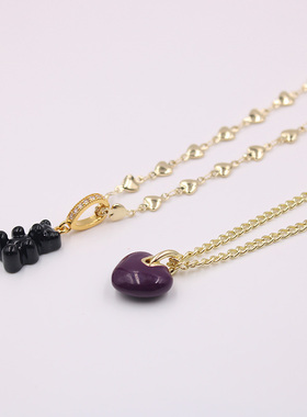 宋妍霏同款紫色爱心项链女轻奢小众高级感网红小熊心形吊坠毛衣链