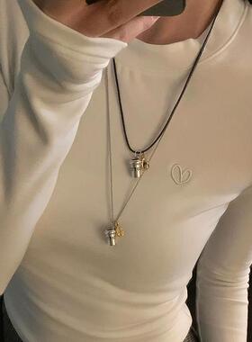 网红欧阳咖啡杯豆吊坠项链长款女复古小众设计感叠戴锁骨链毛衣链