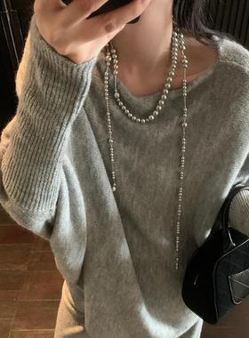 灰色珍珠项链长款叠戴串珠锁骨链