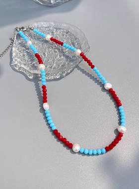 明星同款彩色水晶串珠项链男女夏