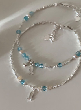 蓝色水晶碎银小鱼手链ins百搭