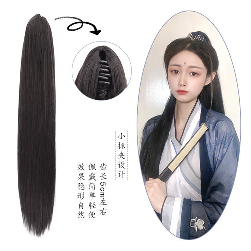 汉服假发马尾抓夹虎口直发女式古装男士古风侠客高马尾造型假发片 - 图1