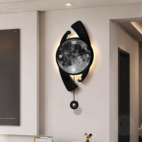 现代轻奢客厅挂钟高级感数显万年历电子时钟创意月球格栅壁灯钟表 - 图3