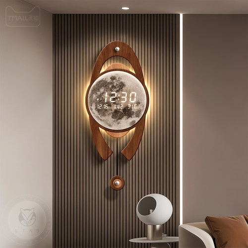 现代轻奢客厅挂钟高级感数显万年历电子时钟创意月球格栅壁灯钟表 - 图2