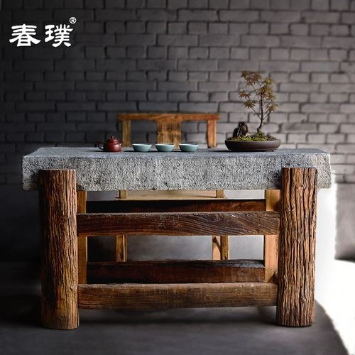 Старый каменный прямоугольный чайный столик журнальный столик на открытом воздухе чайный стол