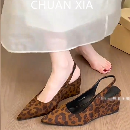 羊皮版~性感豹纹坡跟高跟鞋女真皮不累脚包头凉鞋后绊带尖头单鞋,淘宝优惠券,粉丝福利购,淘宝优惠卷