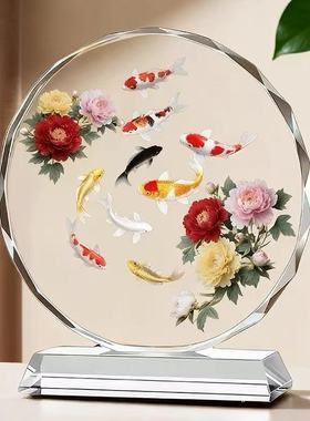 新中式人造水晶锦鲤牡丹风水摆件
