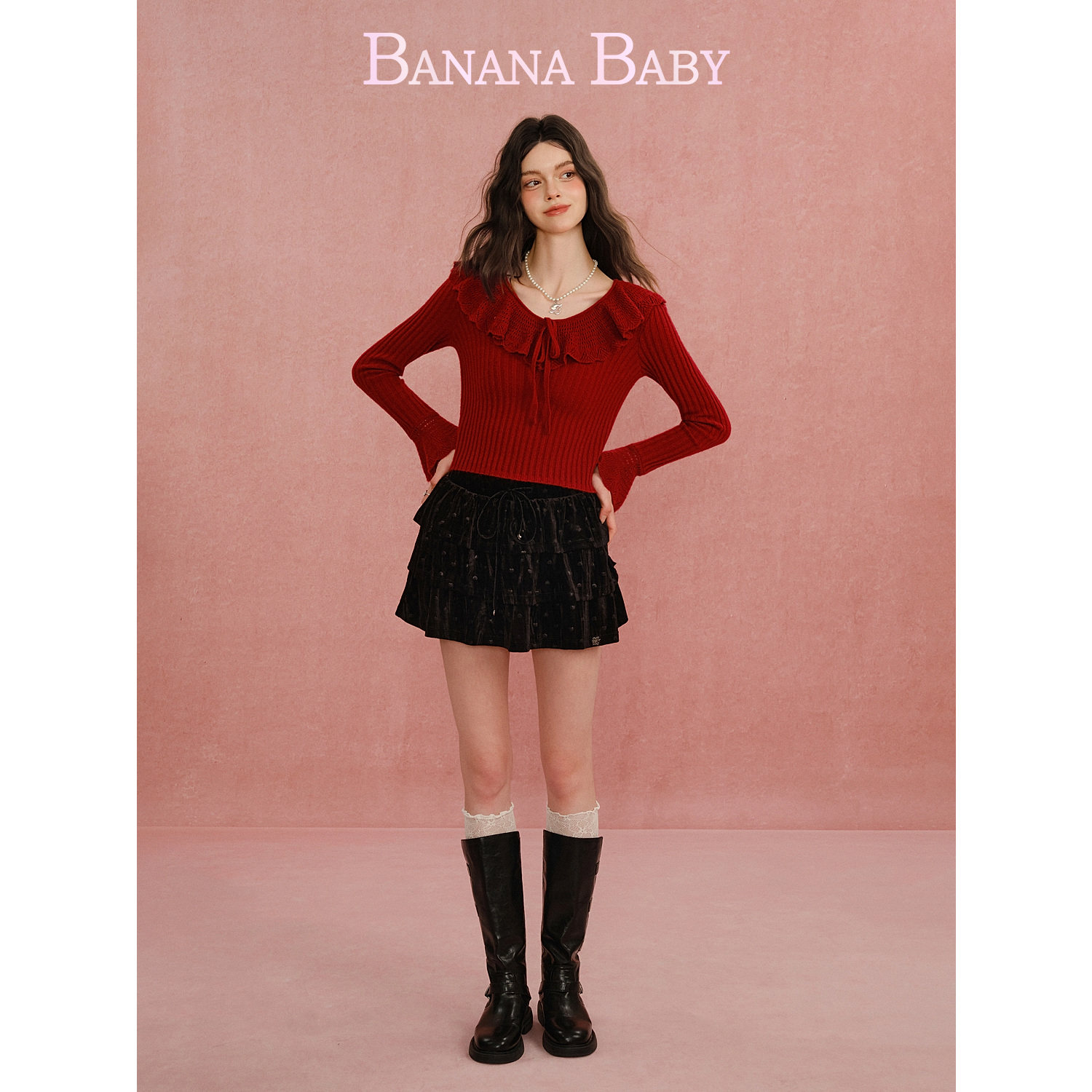 【绵羊毛】BANANA BABY2026年春季新款甜美荷叶领针织衫女喇叭袖,淘宝优惠券,粉丝福利购,淘宝优惠卷