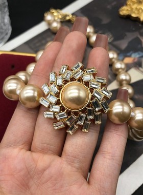 优雅复古香槟色珍珠项链宝石坠毛