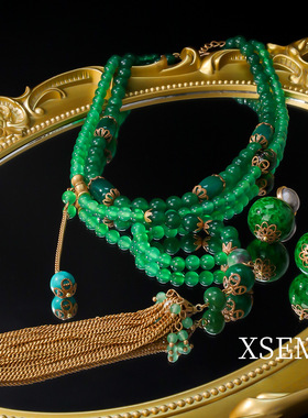 XSEMEI新款绿色玛瑙中式长项链