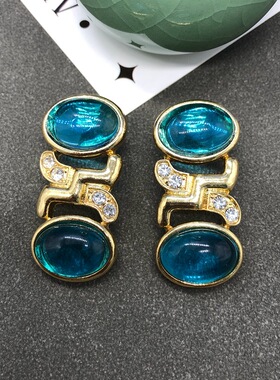Vintage中古饰品湖蓝色椭圆琉璃