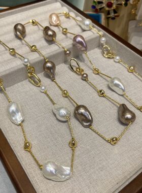 不规则长款珍珠项链螺纹铜条链子