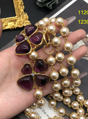 vintage项链琉璃珍珠毛衣链四叶