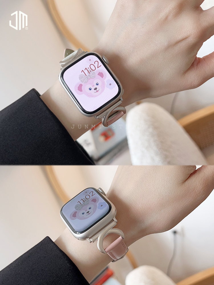 JUNMI小蛮腰双色真皮表带适用于苹果手表iwatch78s9细款表带apple watch654321se代Ultra小众设计女款牛角扣 - 图0