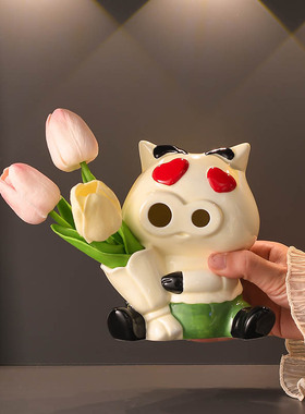 轻奢风陶瓷花瓶装饰摆件客厅插花卡通爱心猪艺术家居摆设花器