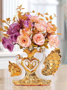 天鹅花瓶仿真花陶瓷摆件插花创意家居客厅酒柜朋友结婚礼物