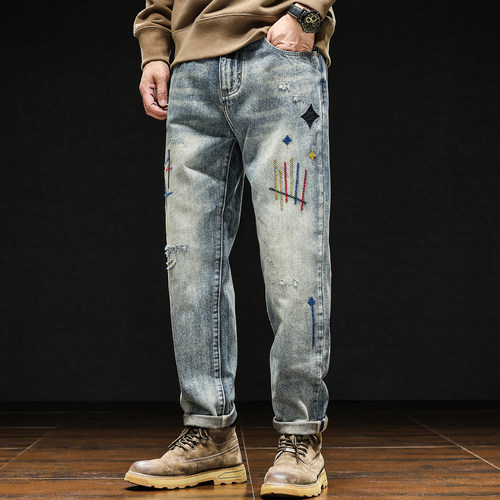 美式重工刺绣小直筒牛仔裤男士高街潮牌宽松休闲潮流百搭长裤春秋 - 图1