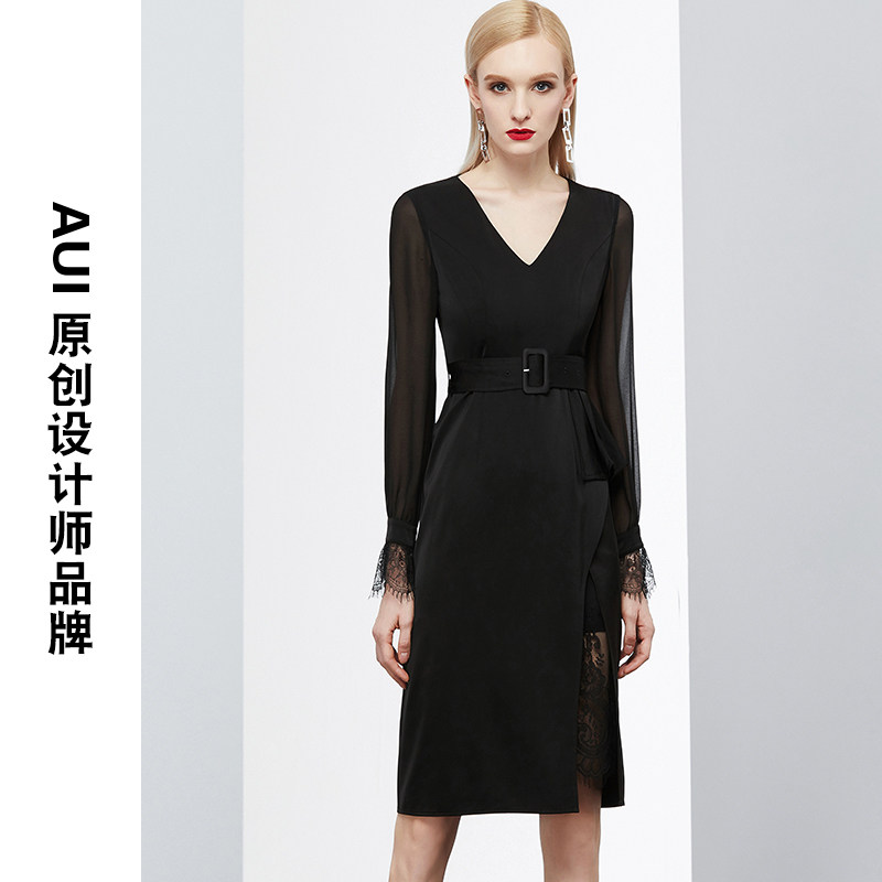 欧货黑色收腰显瘦气质v领女连衣裙 aui连衣裙