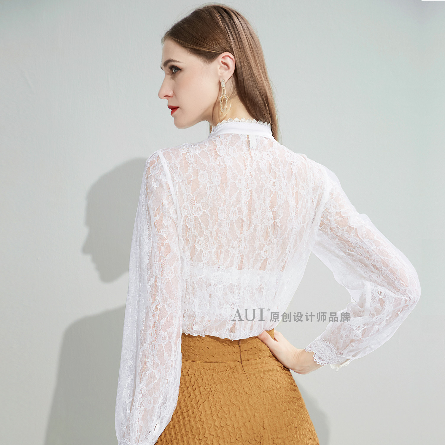 aui欧货复古立领长袖蕾丝2021衬衫 aui蕾丝衫/雪纺衫