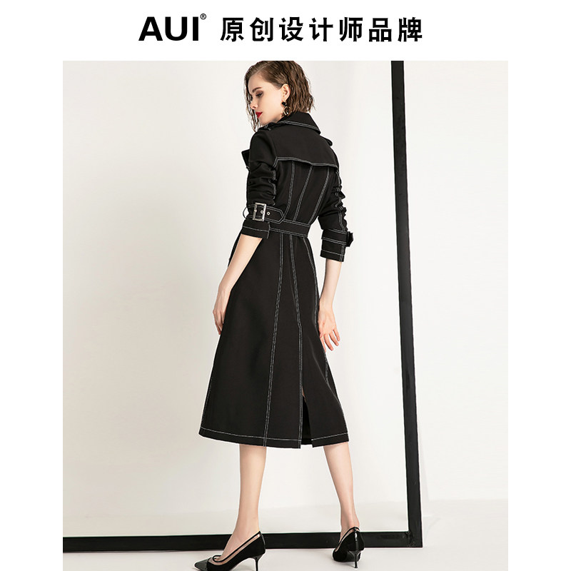 欧洲站黑色气质风衣长款2019秋冬风 aui风衣