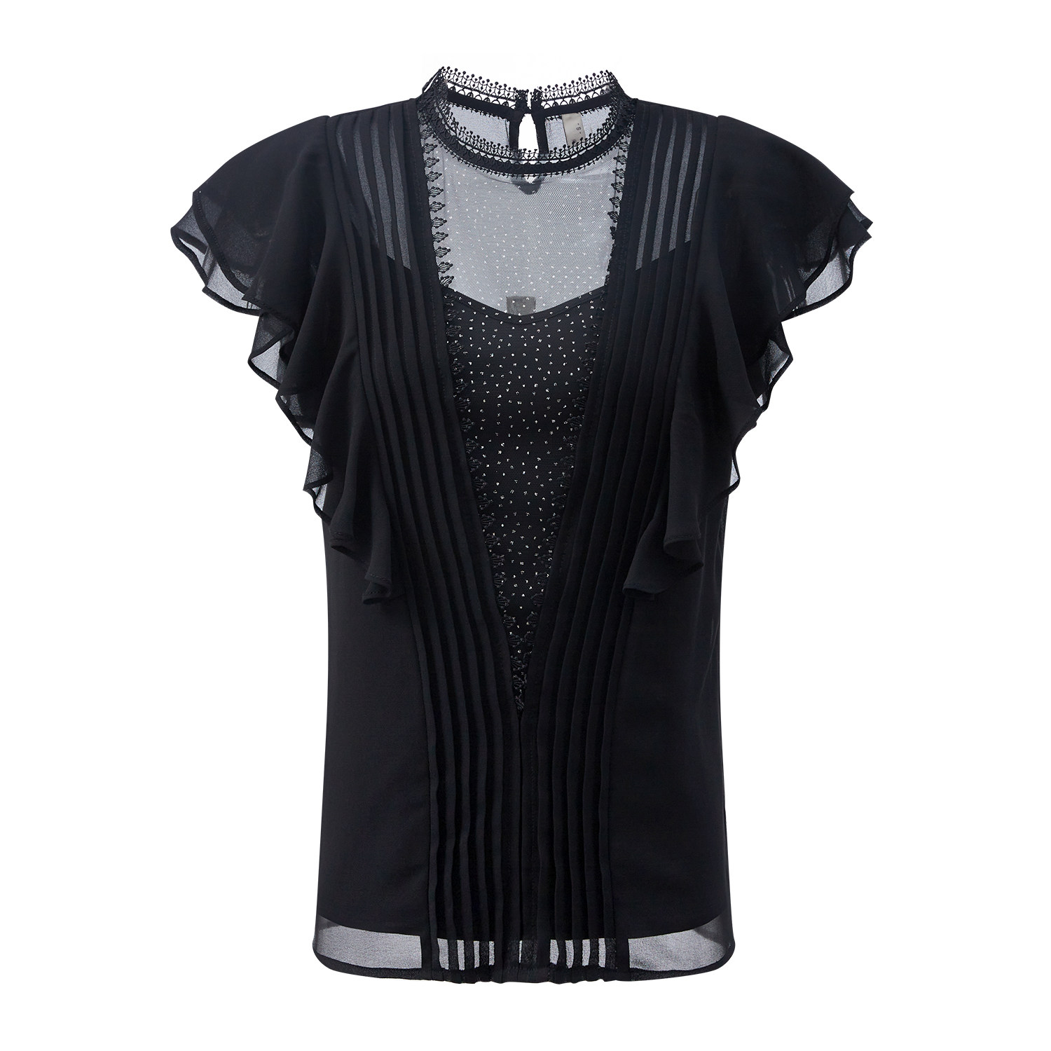 aui黑色荷叶边立领蕾丝衫2022吊带 aui蕾丝衫/雪纺衫