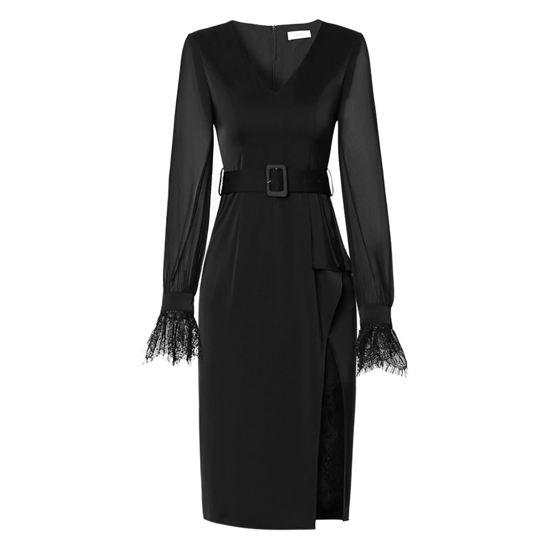 欧货黑色收腰显瘦气质v领女连衣裙 aui连衣裙