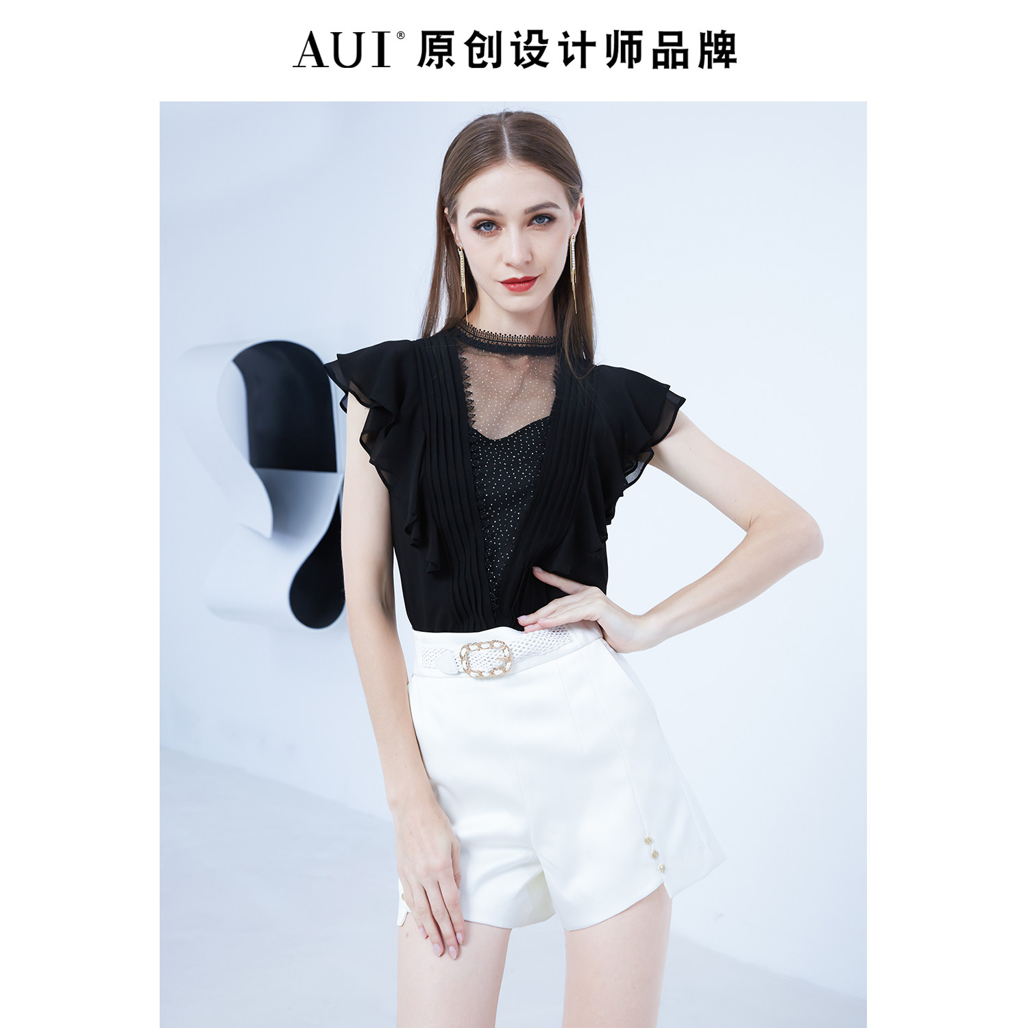 aui黑色荷叶边立领蕾丝衫2022吊带 aui蕾丝衫/雪纺衫