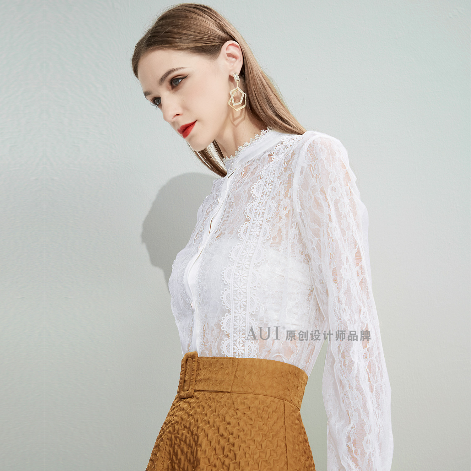 aui欧货复古立领长袖蕾丝2021衬衫 aui蕾丝衫/雪纺衫