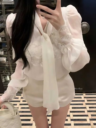 白色雪纺衬衫女2025春夏设计感蕾丝拼接内搭蝴蝶结高级感气质上衣
