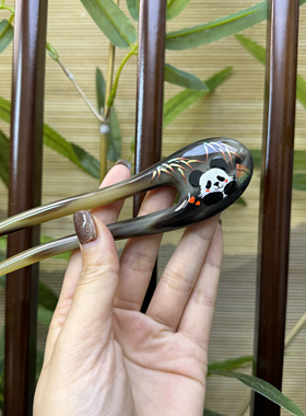 悦木坊羊角牦牛角新款大耳熊猫手绘发簪日常百搭发簪送人礼盒