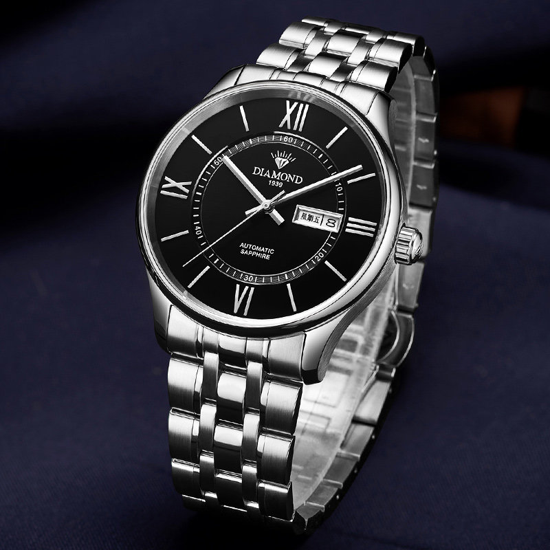 上海钻石自动精钢带商务简约机械表 钻石手表国产腕表