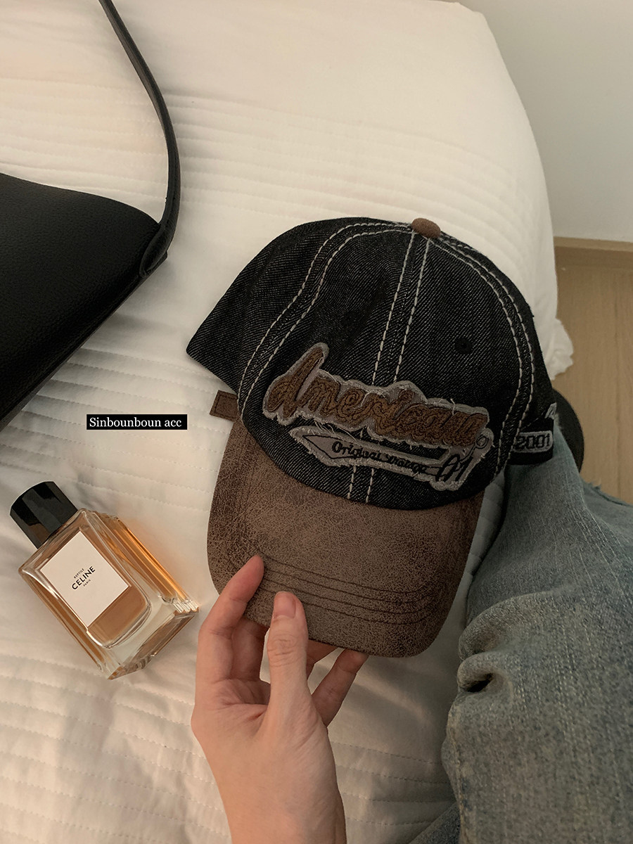 馨帮帮 做旧英文棒球帽百搭短檐遮阳帽大头围显脸小牛仔鸭舌帽女