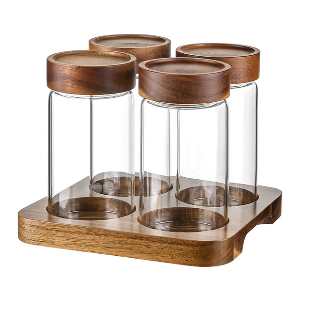 Acacia Wood Spice Can Set Glass Sealed Can