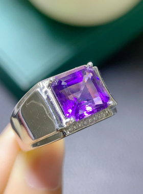 纯天然紫水晶戒指女款10*10mm高档s925纯银镶嵌戒玫瑰金