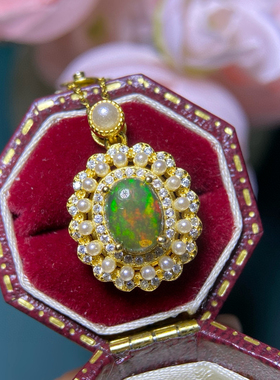 天然欧泊吊坠银镀18k金镶嵌钻石项链女款时尚个性锁骨链送女友