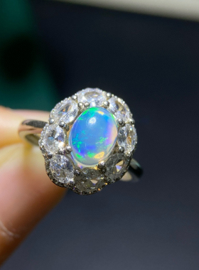 天然澳宝欧泊戒指满火彩主石6*8mmS925银精工镶嵌