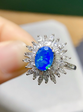 天然炫彩蓝欧泊戒指925银镀金豪华镶嵌 通透6*8M M颜色湛蓝