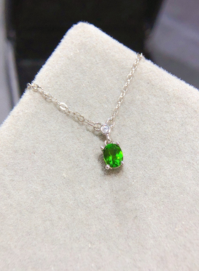 S925纯银锁骨链透辉石项链简约椭圆项链吊坠水晶主石4*5mm