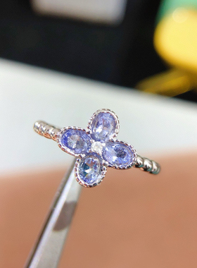 特惠s925银镶天然坦桑石戒指 主石尺寸3*4MM开口花朵戒指