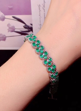 天然哥伦比亚祖母绿手链火彩爆闪颜色浓绿4*3mm925银镀白金镶嵌