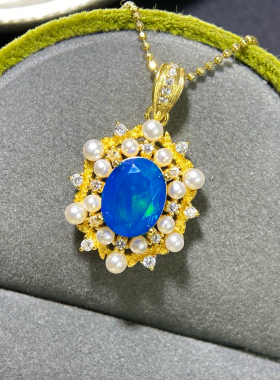 天然银镶天然蓝欧泊支持鉴定项链吊坠尺寸7*9mm主石女小清新