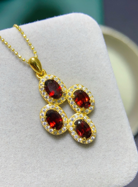 清仓捡漏天然石榴石项链S925纯银酒天然红色宝石吊坠简约