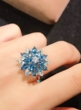 天然伦敦蓝托帕石戒指3*6mm 爆闪s925纯银镀18k真金镶嵌马眼造型