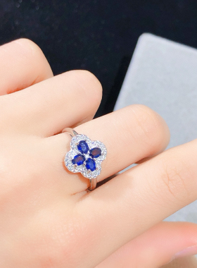 天然皇家蓝宝石幸运四叶草戒指 伴钻石女款指环女开口戒主石3*4mm