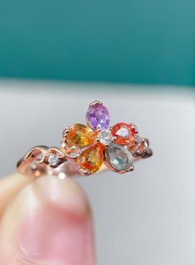 纯天然彩蓝宝戒指粉嫩通透5A宝石925银精工镶嵌厚重用银