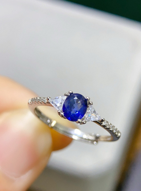 天然斯里兰卡蓝宝石戒指925银镀18K金天然蓝宝石戒指皇家蓝矢车菊