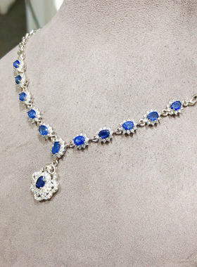 s925银镶嵌天然蓝宝石吊坠项链女款锁骨链时尚百搭气质送礼