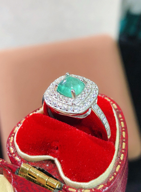 天然祖母绿戒指s925银精工镶嵌晶体通透颜色亮经典款开口可调节