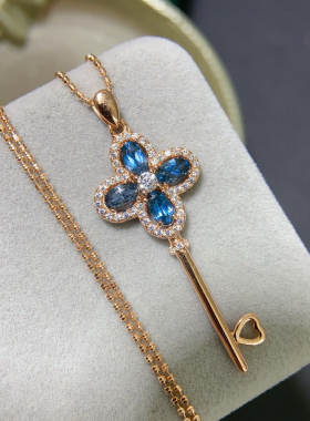 s925纯银镶嵌天然伦敦蓝托帕石吊坠主石3*5mm钥匙款吊坠项链