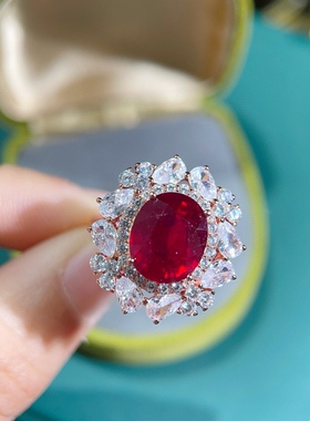 泰国大颗粒鸽血红红宝石奢华戒指新烧裸石戒面女指环浓郁火彩